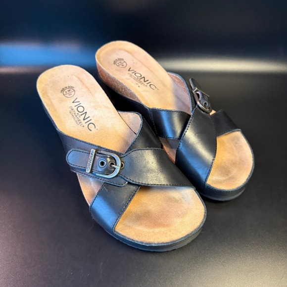 Vionic Orthoheel Black Leather Buckle Slide‎ Sandals Comfort Size US 8 - Picture 1 of 7